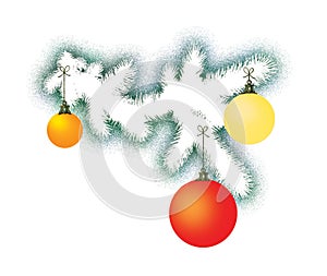 White branch of the New Year tree with three different colored glass spheres. Decoration for the holiday