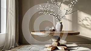 White branches in paunchy vase on round old wooden brown table against empty gray wall. Natural side lighting from window