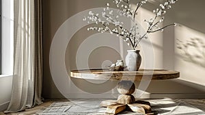 White branches in paunchy vase on round old wooden brown table against empty gray wall. Natural side lighting from window photo