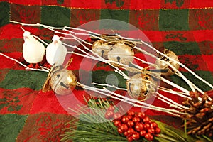 White branches, evergreen branch, gold jingle bells, two doves, red berries, CHRISTMAS decorations