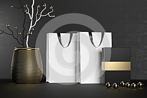 White branding paper shopping bag with handles and luxury black box Mock Up. Premium white package for purchases mockup
