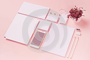 White branding stationery, mock up scene on light soft pastel pink background, blank objects for placing your design.
