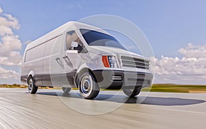 White Brandless Commercial Van on the Road Motion Blurred 3d Illustration