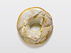 White bread in the form of rings Kalach, top view on light background