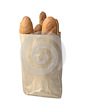 White bread in grocery paper bag isolated on background
