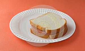 White bread sandwich on paper plate