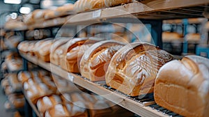 White Bread Shelves at Bakery Factory - Freshly Baked Loaves on Display
