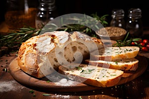 White bread slices, freshly cut, featuring a crispy crust and the addition of herbs