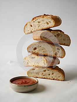 White bread are stacked in pyramid shape in a white background
