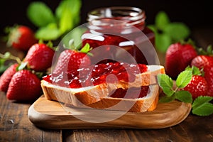 White bread toast and open jar with strawberry jam on wooden board on natural background. Generative AI