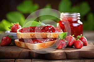 White bread toast with strawberry jam on wooden board on green natural background