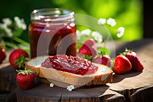 White bread toast with strawberry jam on wooden board on natural background. Generative AI