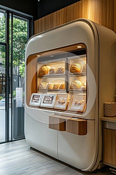 A white bread vending machine with a wooden frame photo