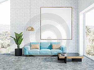 White brick living room interior blue sofa, poster