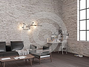 White brick loft living room with working place