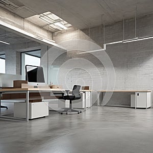 White brick open space office interior with a concrete floor, a blank wall fragment and a row of computer desks along the wall.