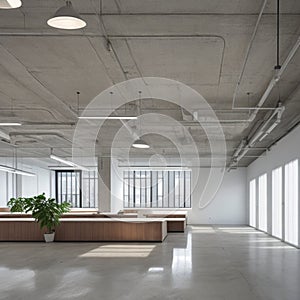 White brick open space office interior with a concrete floor, a blank wall fragment and a row of computer desks along the wall.