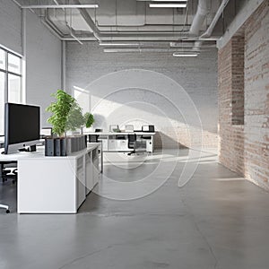 White brick open space office interior with a concrete floor, a blank wall fragment and a row of computer desks along the wall.