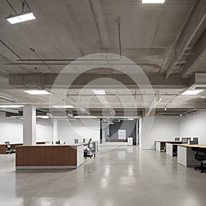 White brick open space office interior with a concrete floor, a blank wall fragment and a row of computer desks along the wall.