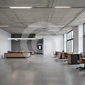 White brick open space office interior with a concrete floor, a blank wall fragment and a row of computer desks along the wall.