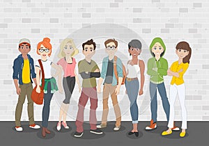 White brick wall background with cartoon young people.