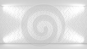 White brick wall background with free space, Illuminated by spotlights. 3d illustration