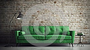 White brick wall background, green sofa and home object. Generative AI