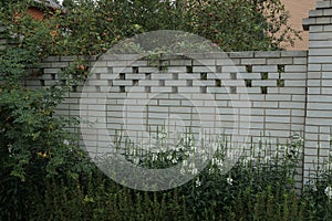 White brick wall of the fence overgrown with green vegetation with grass