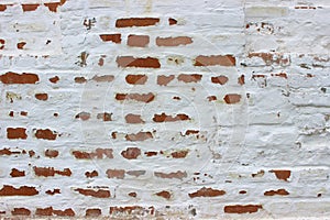 White brick wall, grunge texture background. The texture of the old brick wall is painted white with paint.