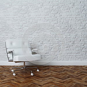 White Brick Wall Interior With White Leather Office Armchair