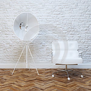 White Brick Wall Interior With White Leather Office Armchair