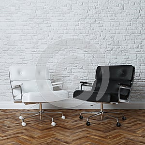 White Brick Wall Office Interior With Two Leather Armchairs