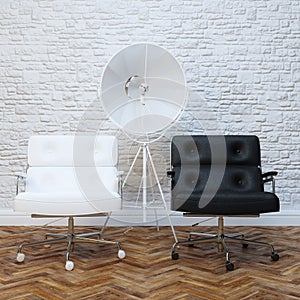 White Brick Wall Office Interior With Two Leather Armchairs