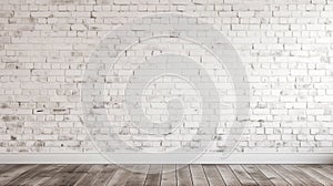 white brick wall panorama background and texture with wooden floor, generative AI