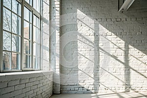 White brick wall with shadow and light rays from window