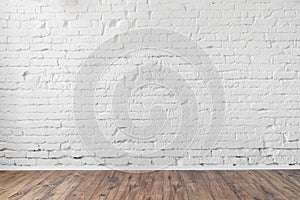 White brick wall texture background wooden floor photo