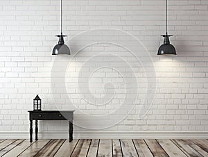 white brick wall with two lamps hanging over wooden flor