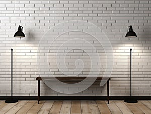 white brick wall with two lamps hanging over wooden flor