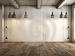 white brick wall with two lamps hanging over wooden flor