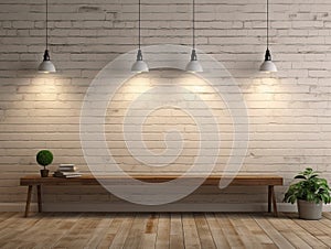 white brick wall with two lamps hanging over wooden flor