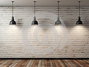 white brick wall with two lamps hanging over wooden flor
