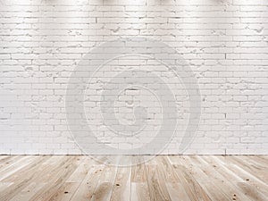 WHITE BRICK WALL AND WOODEN FLOOR