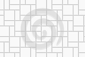 White brickweave tile layout. Pavement mosaic texture. Stone or ceramic brick wall background. Kitchen backsplash