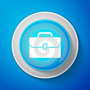 White Briefcase icon isolated on blue background. Business case sign. Circle blue button with white line. Vector