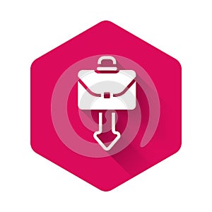 White Briefcase icon isolated with long shadow background. Business case sign. Business portfolio. Pink hexagon button