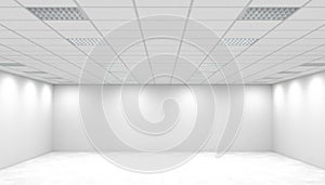 White bright empty office room panorama with square ceiling lights. 3d rendering