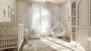 a white and bright nursery room, featuring a cozy rug that adds warmth and comfort to the space, the airy and inviting