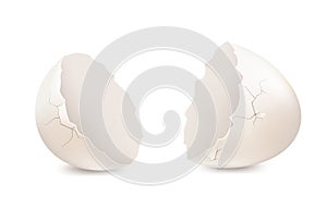 White broken egg on white background, eggshell.