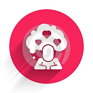 White Broken heart or divorce icon isolated with long shadow. Love symbol. Valentines day. Red circle button. Vector