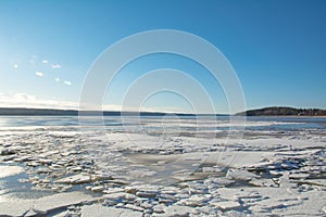 White broken ice on a frozen lake